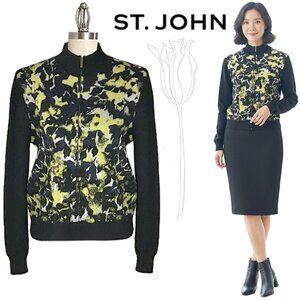 ST JOHN Black Multi Color Zip Up Wool Blend Sweater